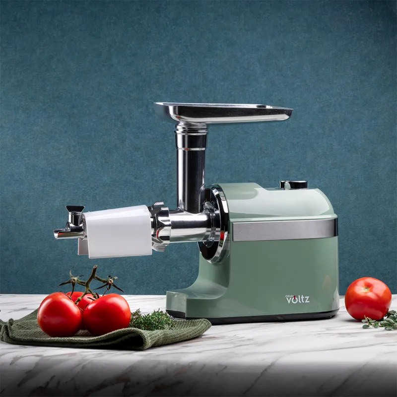 Месомелачка с приставка за домати Oliver Voltz OV51991F, 1800W, Аксесоар за колбаси, Зелен