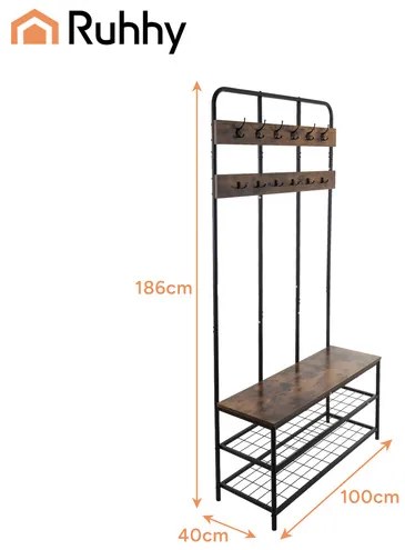 Свободностояща закачалка за дрехи с куки и рафтове - 100 x 40 x 186 cm