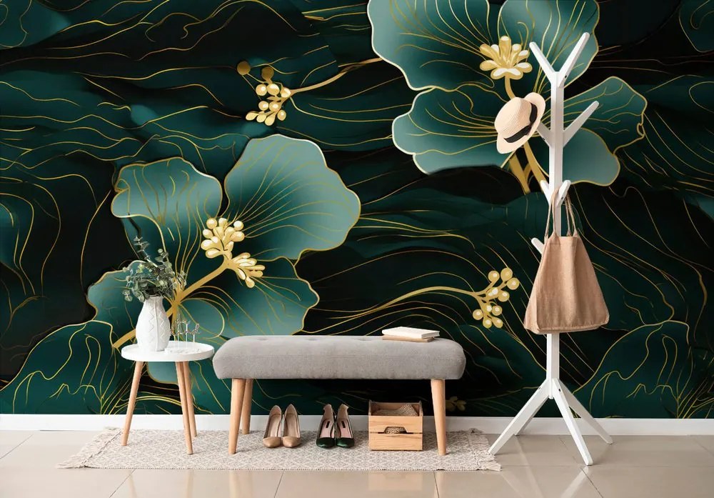 Тапет – Луксозно зелено-златно цвете