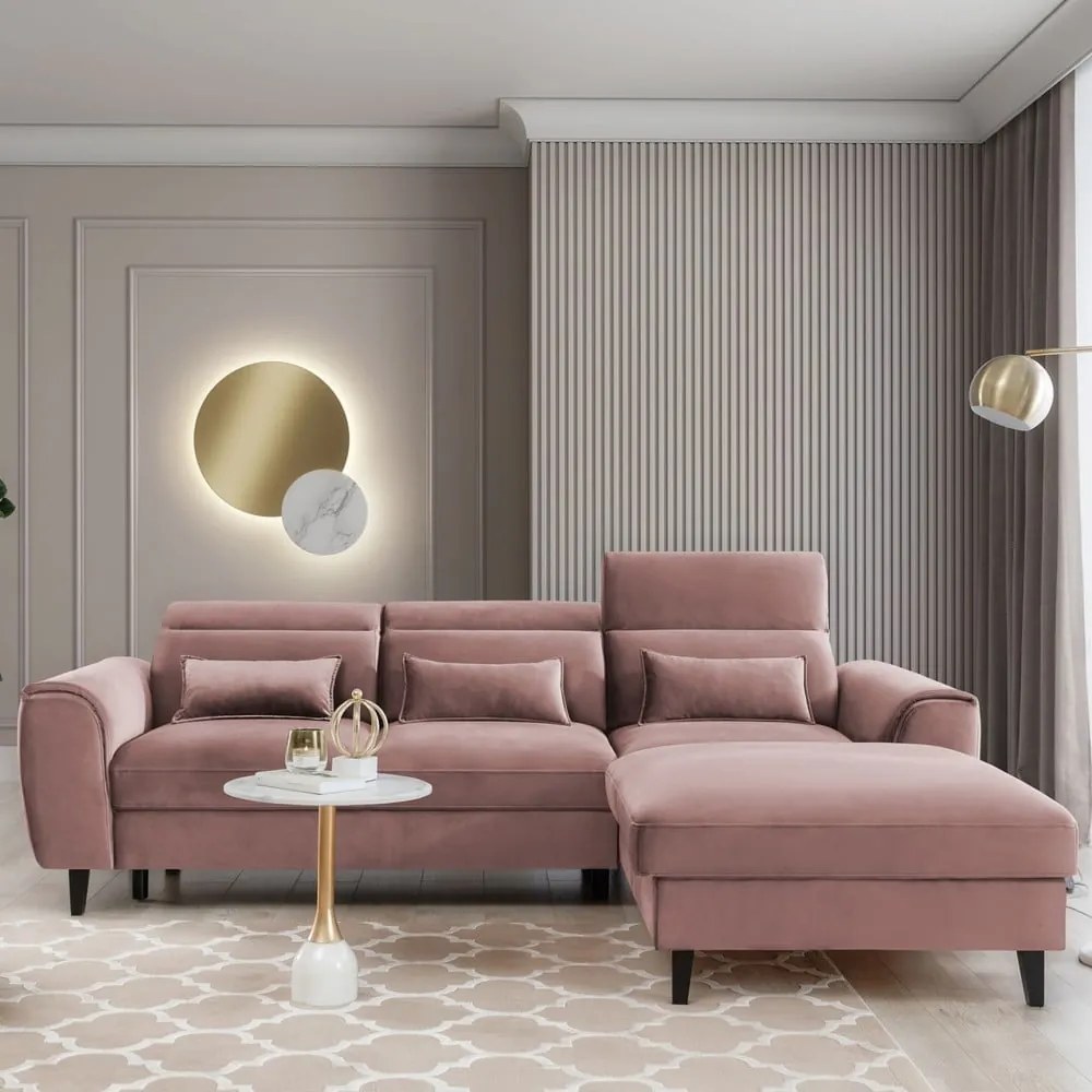 Розов кадифен разтегателен ъглов диван с място за съхранение (десен ъгъл) Foble – ELTAP
