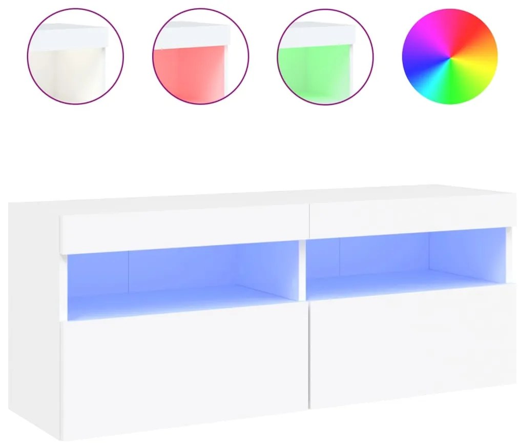 837211 vidaXL Стенен ТВ шкаф с LED осветление, бял, 100x30x40 см