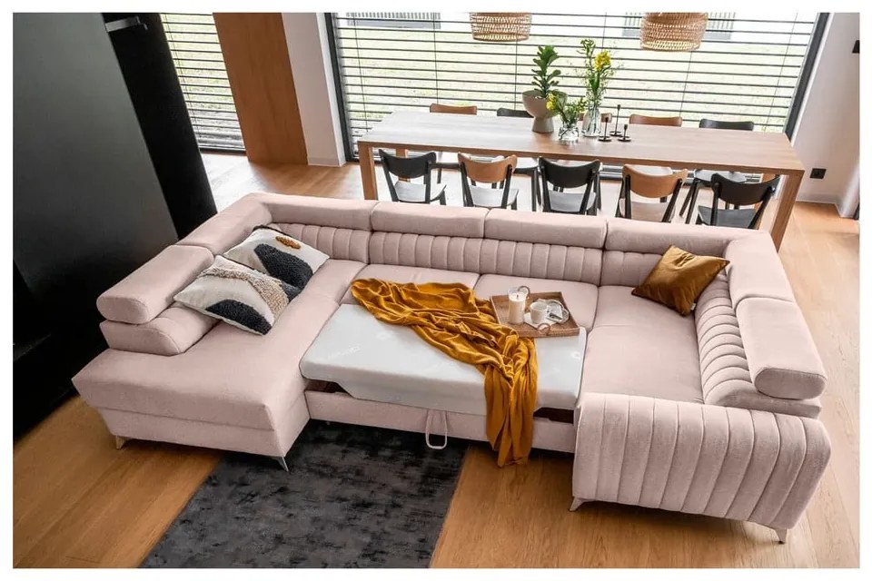 Розов сгъваем/с място за съхранение ъглов диван (ляв ъгъл/U форма) Louis – ELTAP