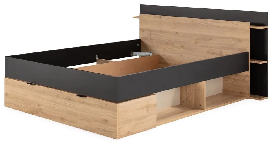 Черно-естествено двойно легло 160x200 cm от декор от дъб с място за съхранение без ламелно дъно Albo – Marckeric