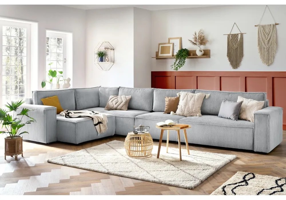 Светлосив ъглов диван от велур, ляв ъгъл Nihad modular – Bobochic Paris