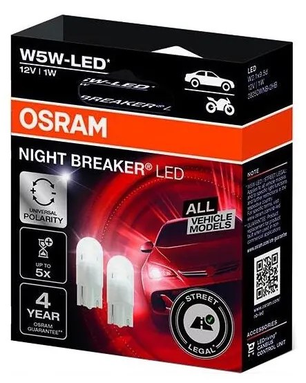 КОМПЛЕКТ 2x LED крушки NIGHT BREAKER W2.1x9.5d/1W/12V 5700K - Osram