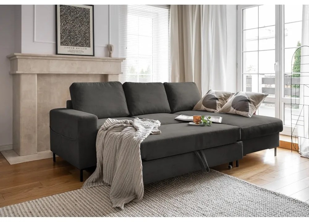 Тъмносив разтегателен ъглов диван от рипсено кадифе (десен ъгъл) Lofty Lilly – Miuform