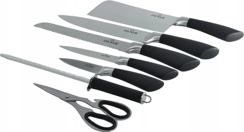 Комплект ножове с поставка ZILNER ZL 5127, 8 части, Точило, Ножици, Неръждаема стомана, Черен