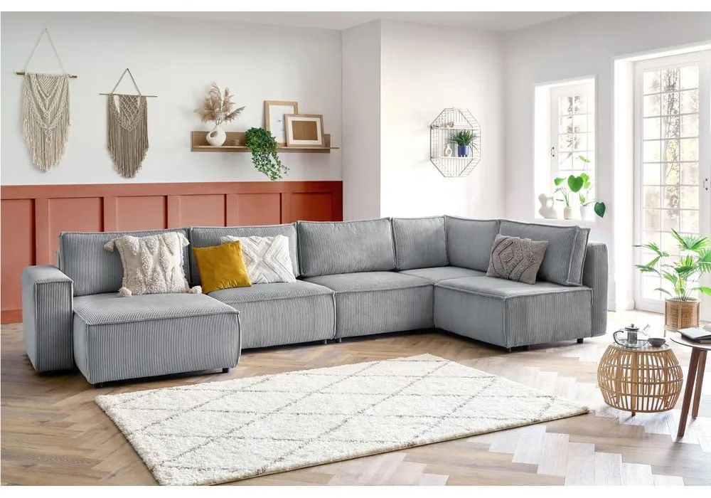 Светлосив ъглов U-образен диван от велур, десен ъгъл Nihad modular - Bobochic Paris