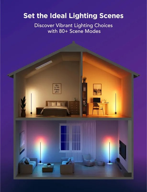 Подова Smart LED лампа Govee Floor Lamp 2 RGBICWW H607C, 152 см, 30W, 1725 lm, 6500K, Wi-Fi, Bluetooth, Govee Home, Черен