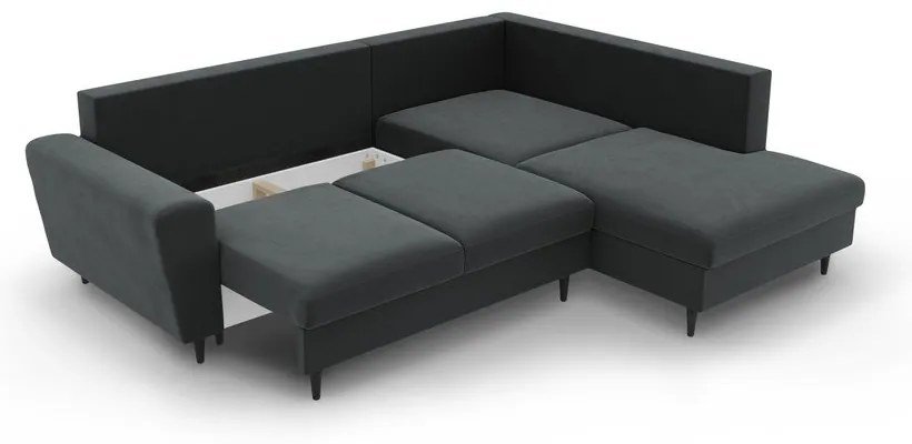 Тъмносив кадифен разтегателен ъглов диван с място за съхранение (десен ъгъл/L форма) Kyoto – Cosmopolitan Design