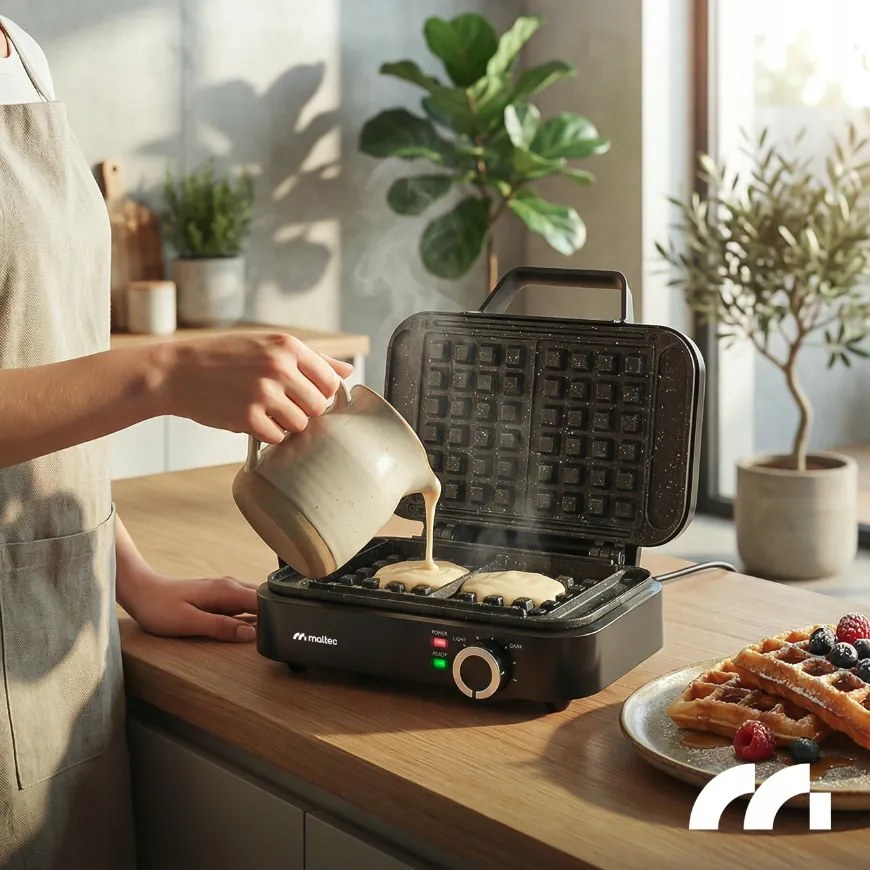 Вафелник MalTec 1200 W – за 2 големи вафли, регулируема температура, мраморна незалепваща повърхност