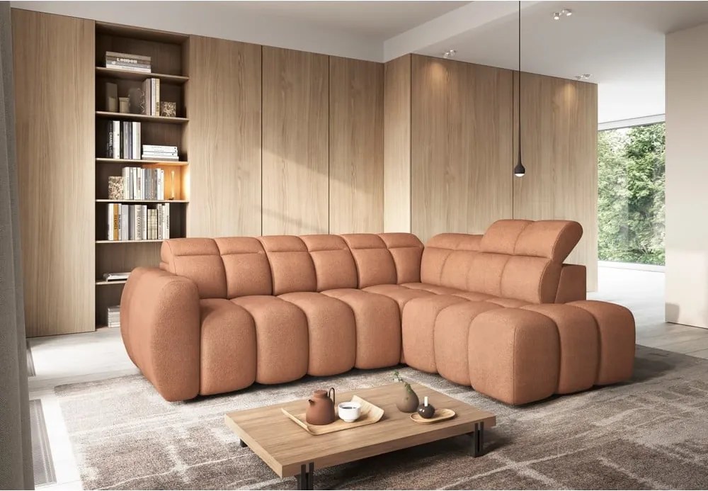 Сгъваем с място за съхранение ъглов диван от букле в цвят сьомга (десен ъгъл L форма) Falconn – ELTAP