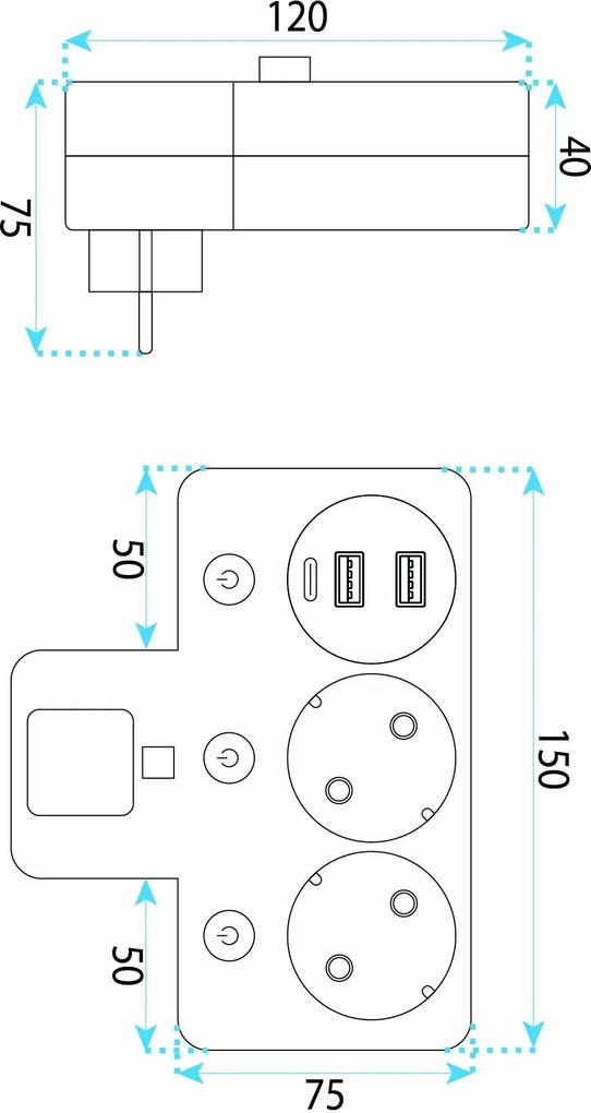 Разклонител 2 Контакта + 2x USB-A + USB-C JNH017 White