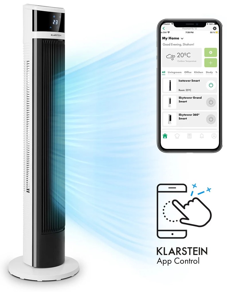 Klarstein Icetower Smart, свободно стоящ вентилатор, 45 вата, управление през апликация