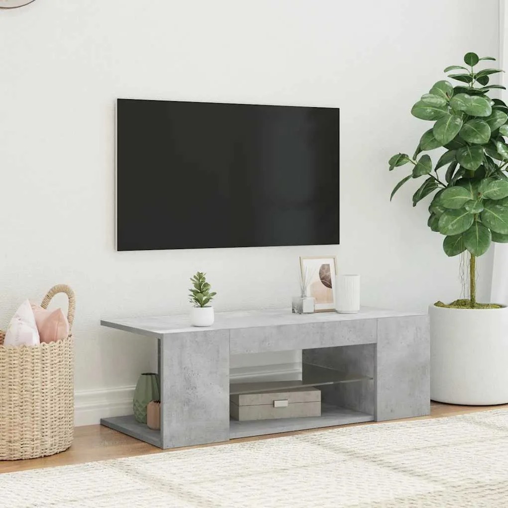 804242 vidaXL ТВ шкаф с LED осветление, бетонно сив, 90x39x30 см