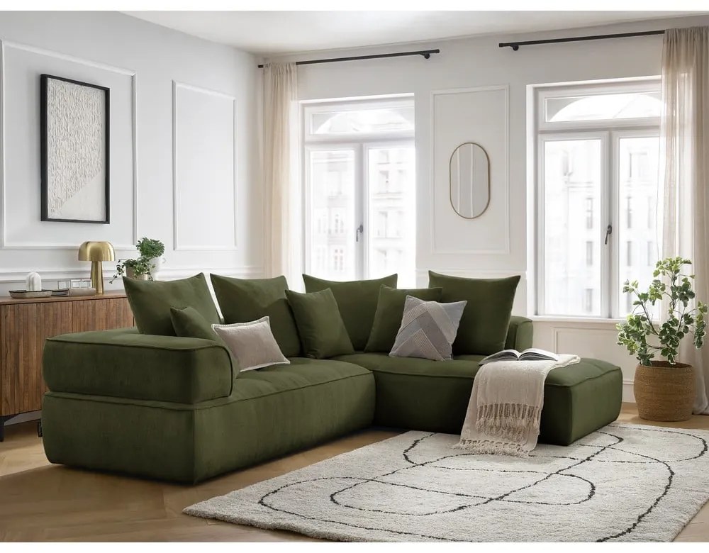 Зелен шенилов ъглов диван (десен ъгъл/L форма) Whesley – Bobochic Paris