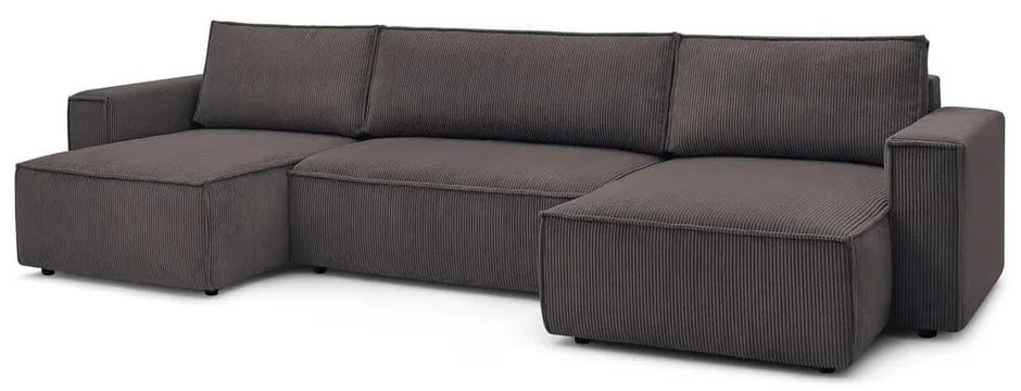 Кафяво-сив сгъваем ъглов диван от рипсено кадифе (U форма) Nihad – Bobochic Paris