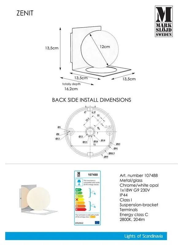 Стенна лампа в сребристо Zenit - Markslöjd