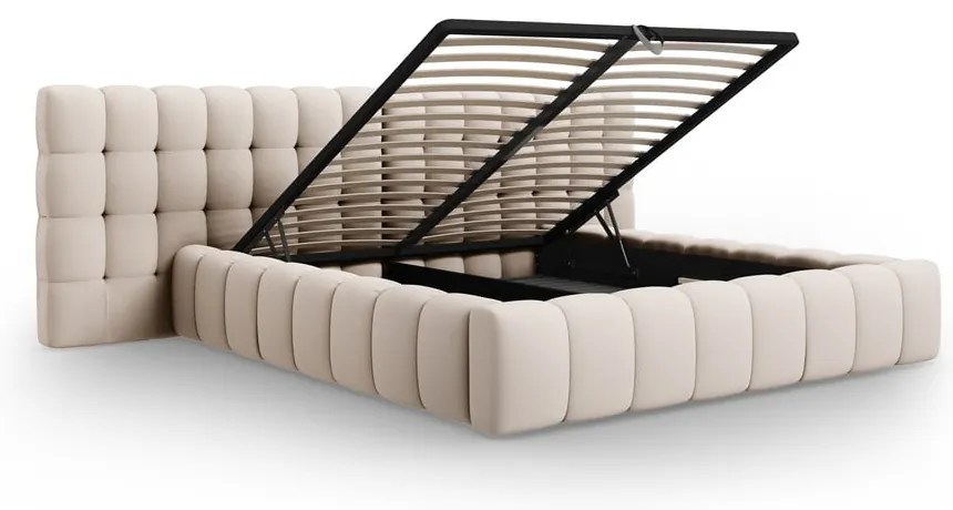 Бежово тапицирано двойно легло с място за съхранение с включена подматрачна рамка 160x200 cm Mamaia – Micadoni Home
