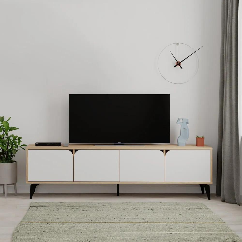 Масичка за телевизор с дъбов декор в бял и естествен цвят 180x51 cm Nola - Marckeric
