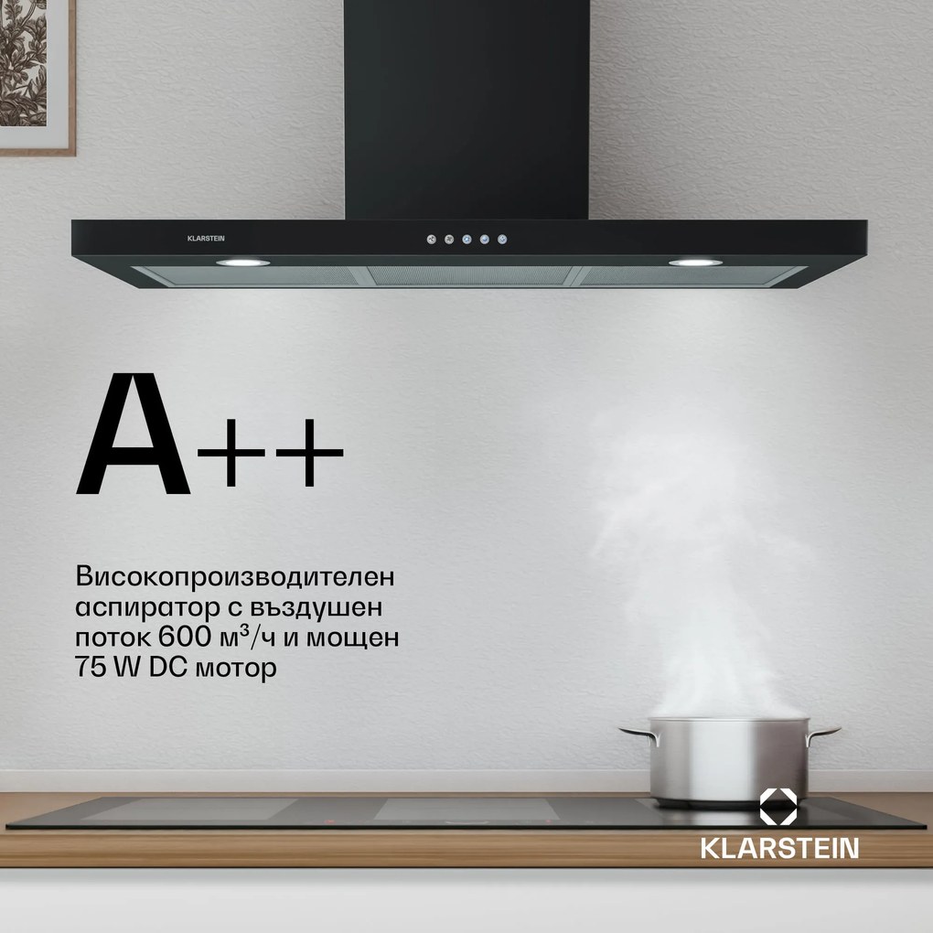 Klarstein Limelight, абсорбатор, 90 см, абсорбаторза стена, 640 m³ / h, черен
