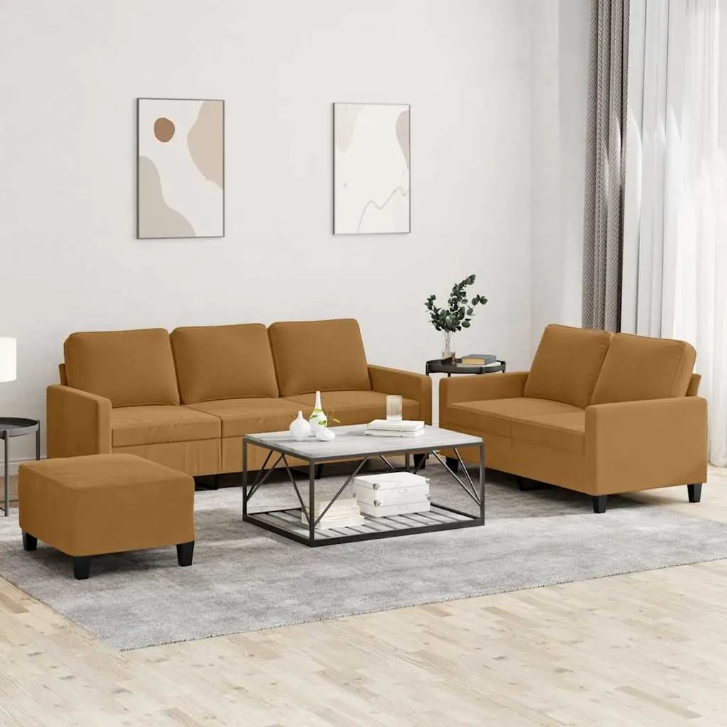 3201533 vidaXL Комплект дивани от 3 части с възглавници, кафяв, кадифе