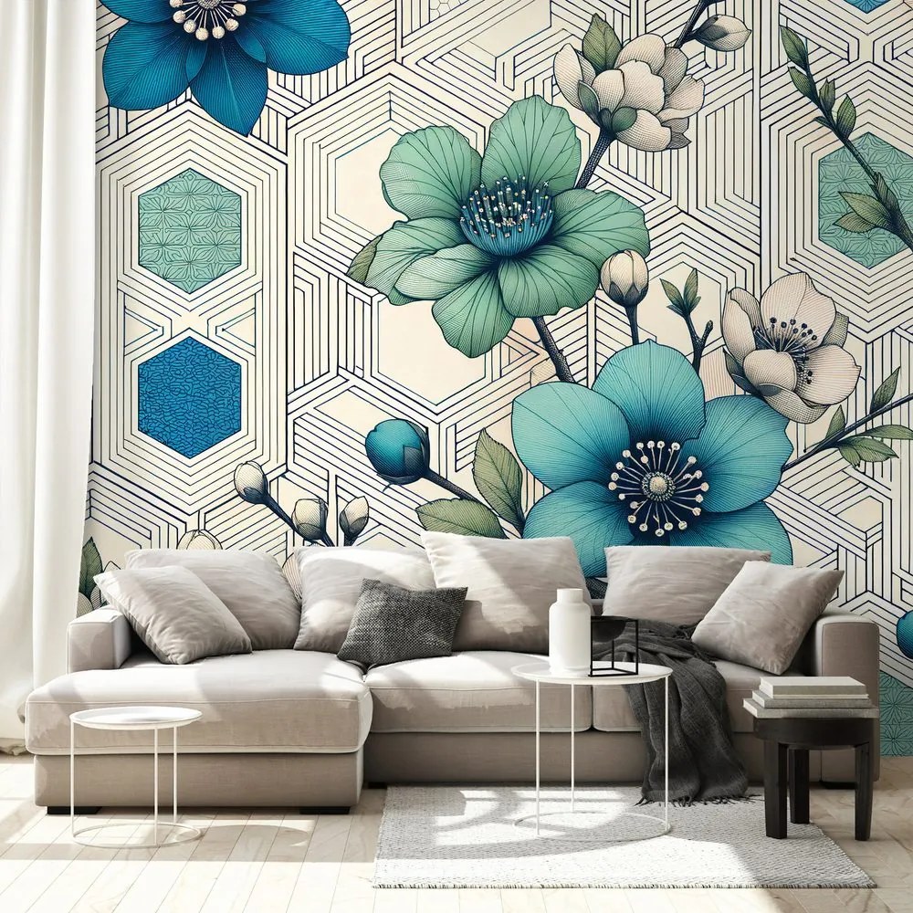 Тапет – Сини цветя с геометричен фон
