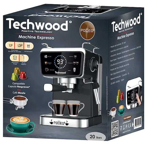 Еспресо машина Techwood TCA-1386EXN, 1350W, 20 bar, 1.5 л, 5 функции, Touch screen, Дюза за пара, Черен/Инокс