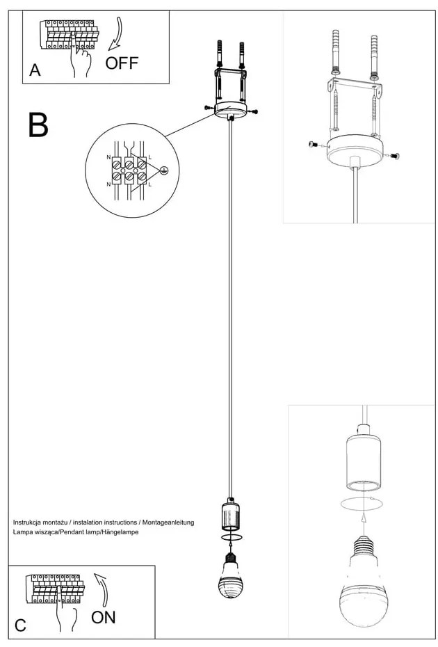 Черно висящо осветително тяло Bombilla - Sollux