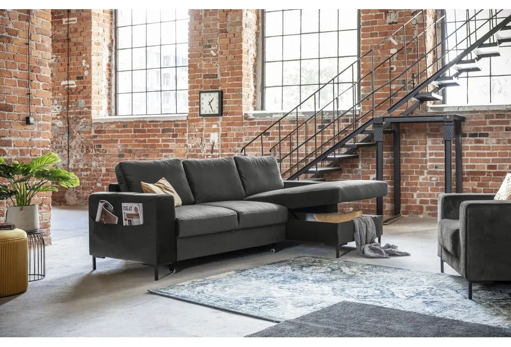 Тъмносиво кадифено ъглово канапе, десен ъгъл Lofty Lilly - Miuform