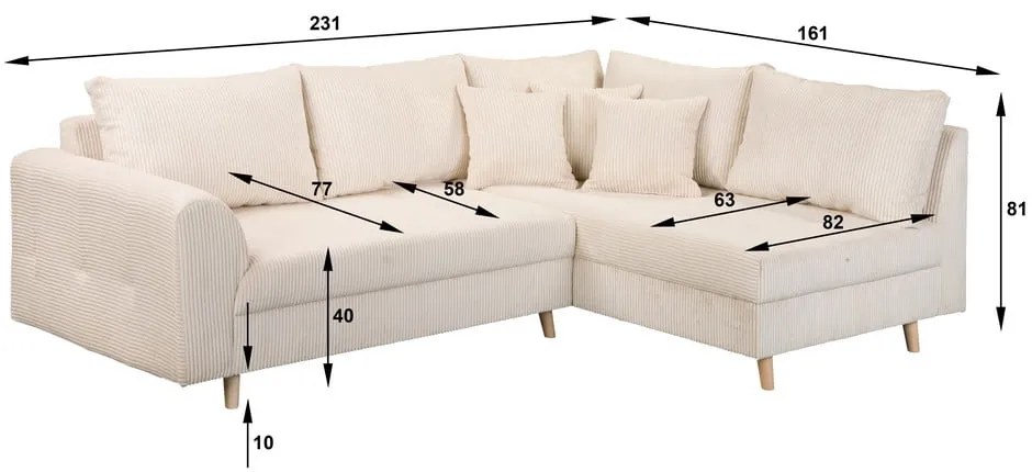 Кремав ъглов диван от велур (десен ъгъл) Ariella - Ropez