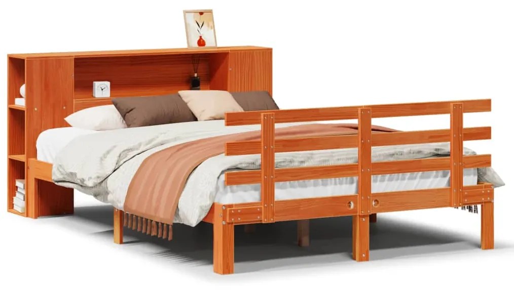 3322721 vidaXL Легло с етажерка за книги, без матрак, 135x190 см, бор масив