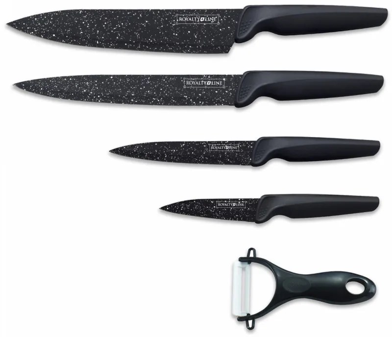 Комплект ножове в магнитна кутия Royalty Line RL-MB4, 5 части, Белачка, Мраморно покритие, Черен