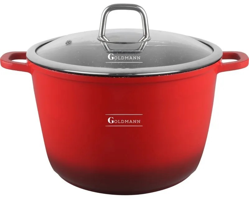 Дълбока тенджера Goldmann GM-0624R, 24 см, 6.2 л,Мраморно покритие, Стъклен капак с отвор за пара, Индукция, Червен