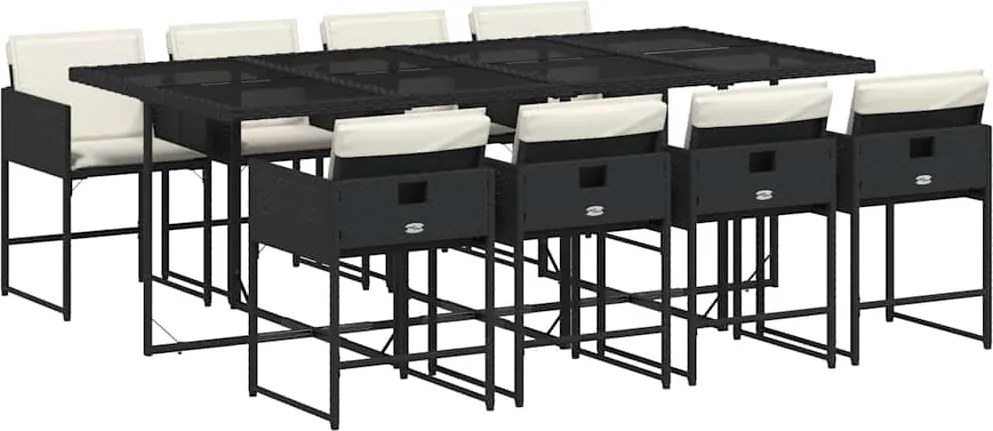 3211278 vidaXL Градински трапезен комплект възглавници 9 части черен полиратан