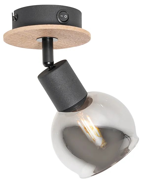 Прожектор в стил арт деко черен с димно стъкло и дърво - Vidro