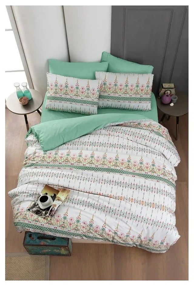 Бяло и зелено двойно удължено спално бельо с включен долен чаршаф 4 части 200x220 cm Ethnic – Mila Home