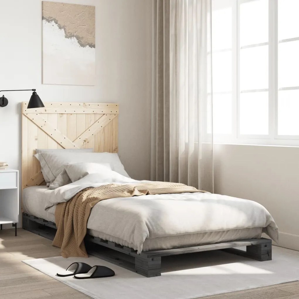 3281580 vidaXL Рамка за легло с табла, сива, 90x200 см, борово дърво масив