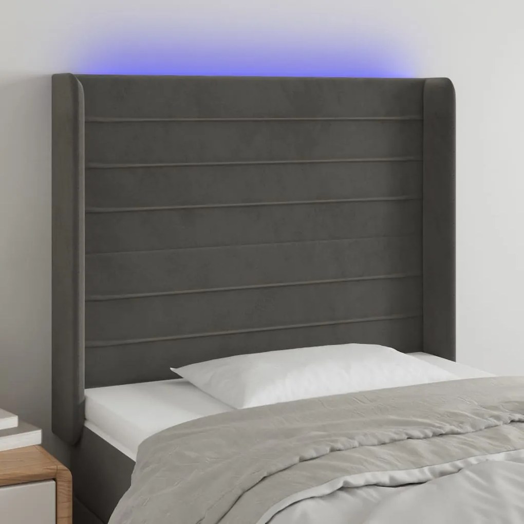 3124219 vidaXL LED горна табла за легло, тъмносива, 83x16x118/128 см, кадифе