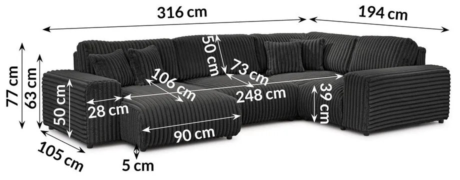 Тъмносив ъглов диван от рипсено кадифе (десен ъгъл/U форма) Justin – Ropez