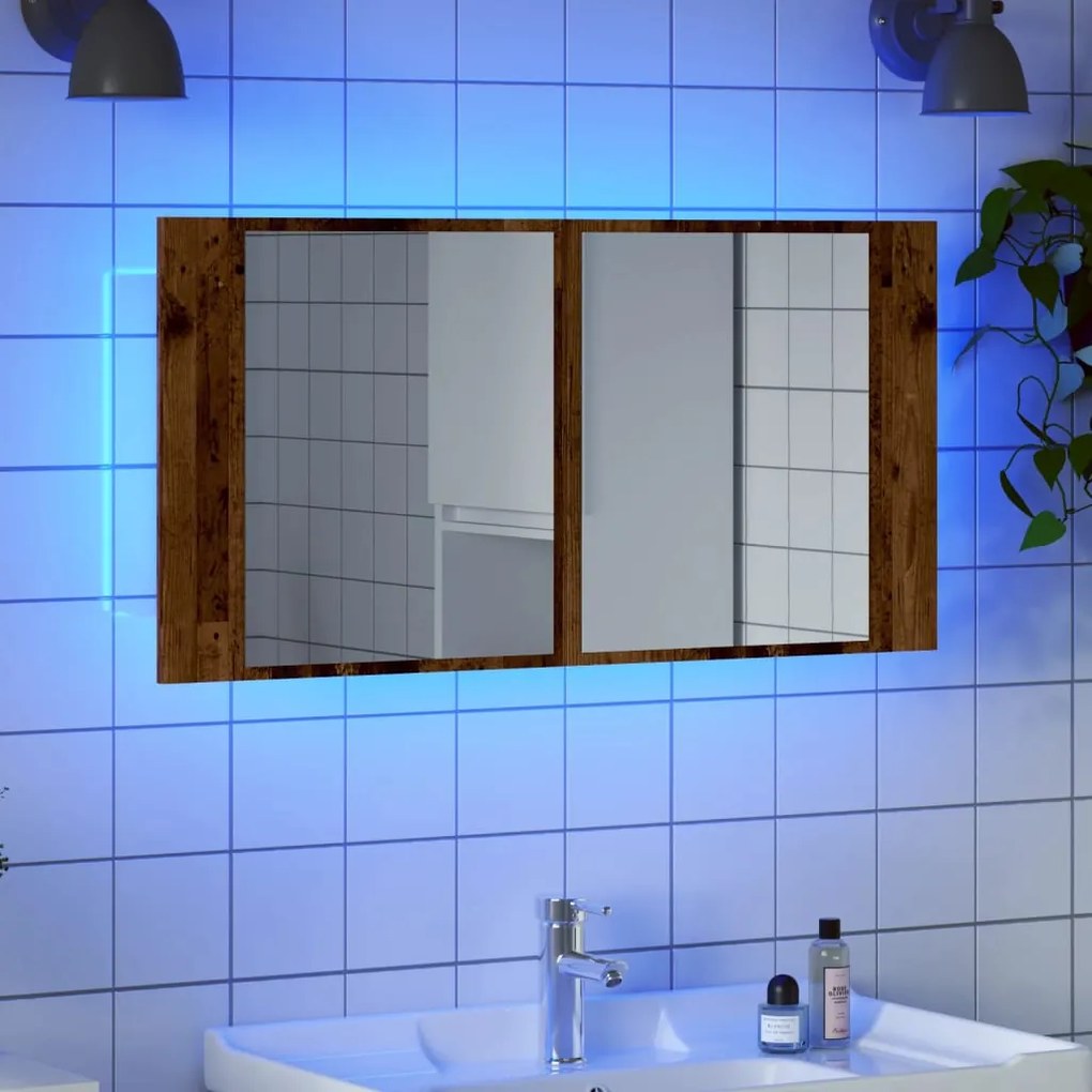 856284 vidaXL LED огледален шкаф, старо дърво, 90x12x45 см, инженерно дърво