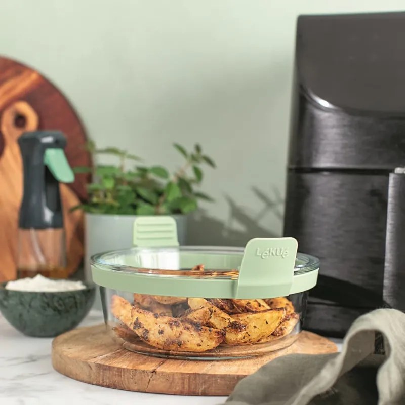 Форма за печене във фритюрник с горещ въздух Lekue 1010160, 20.5x19.5x10 см, Стъкло, Противоплъзгащи дръжки, -20/+220°C, Лесно почистване, Зелен