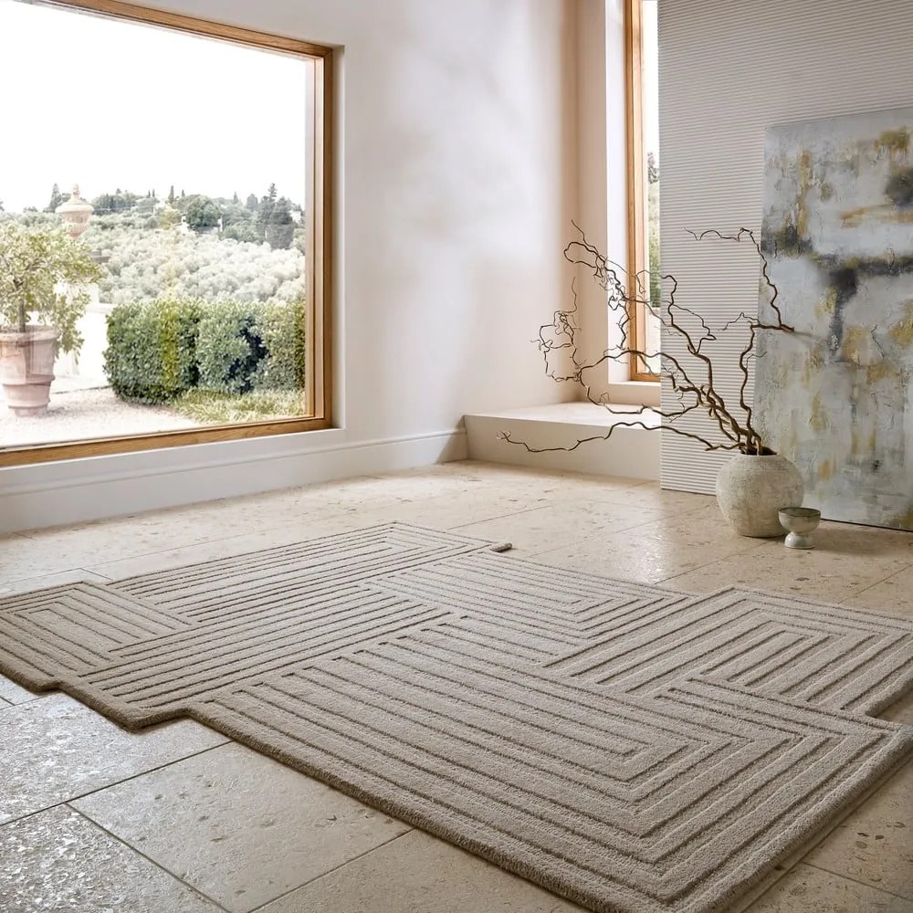 Бежов ръчно изработен вълнен килим 120x170 cm Zen Rectangles – Flair Rugs