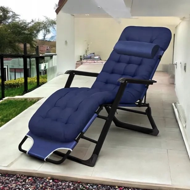 Градински шезлонг с черна рамка и възглавница Син