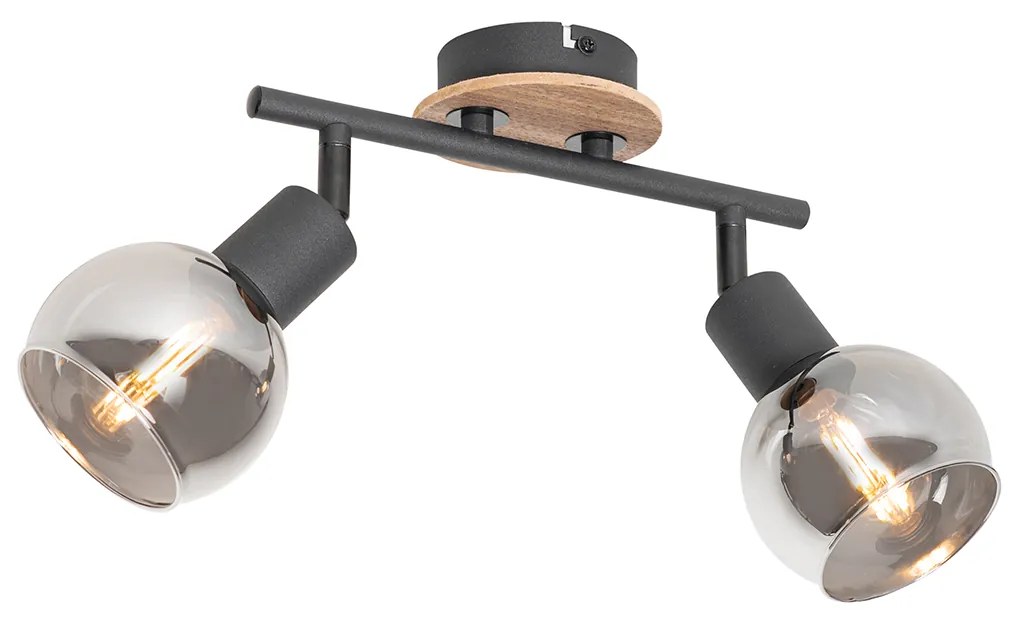 Таванна лампа черна с димно стъкло и дърво 2-светлина - Vidro