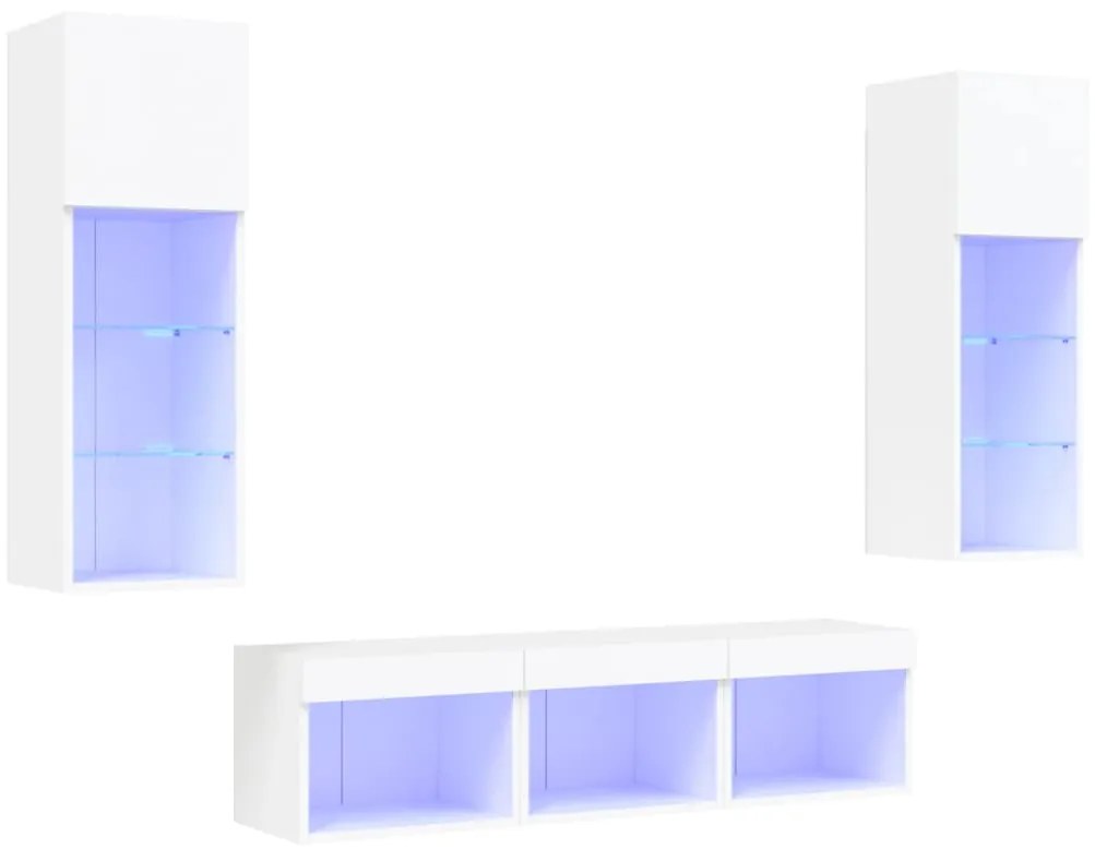 3216597 vidaXL ТВ стенни модули с LED, 5 части, бели, инженерно дърво