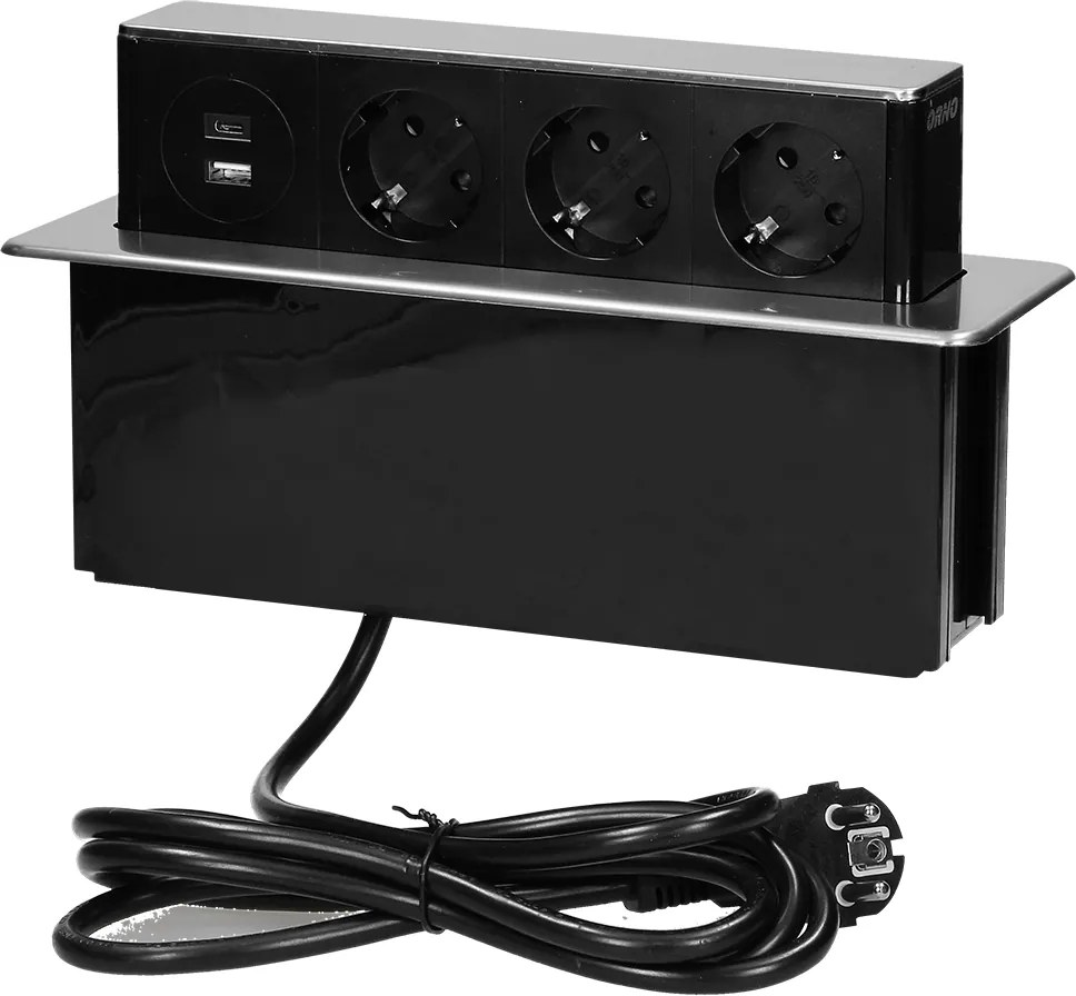 ORNO Мебелна кутия Pop-Up, с контакти 3х шуко, 2х USB тип A+C, кабел 2m, 273x65x93mm, цвят ИНОКС,  - OR-GM-9014(GS)/B-G