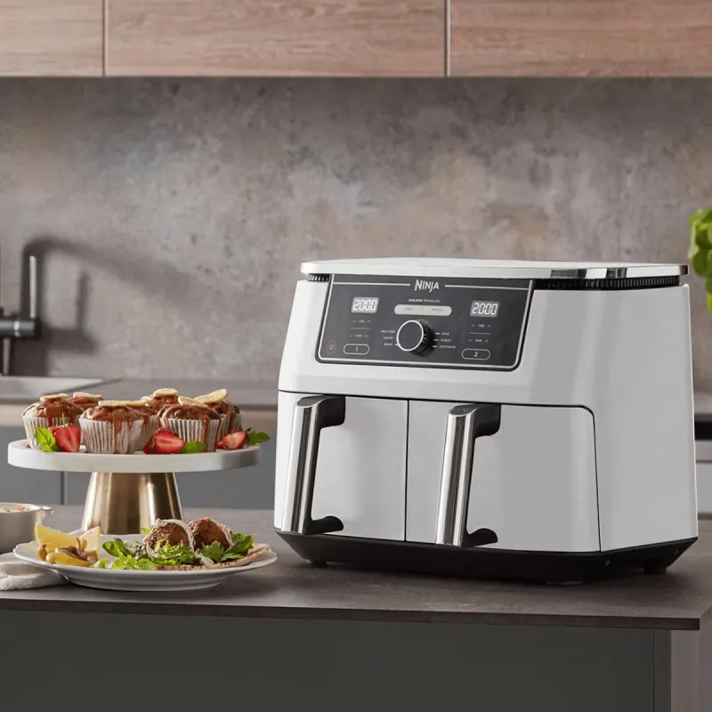 Двоен фритюрник с горещ въздух Ninja AF400EUWH, 2470W, 9.5 л, 6 програми, 40-240 C, Независими зони, Бял