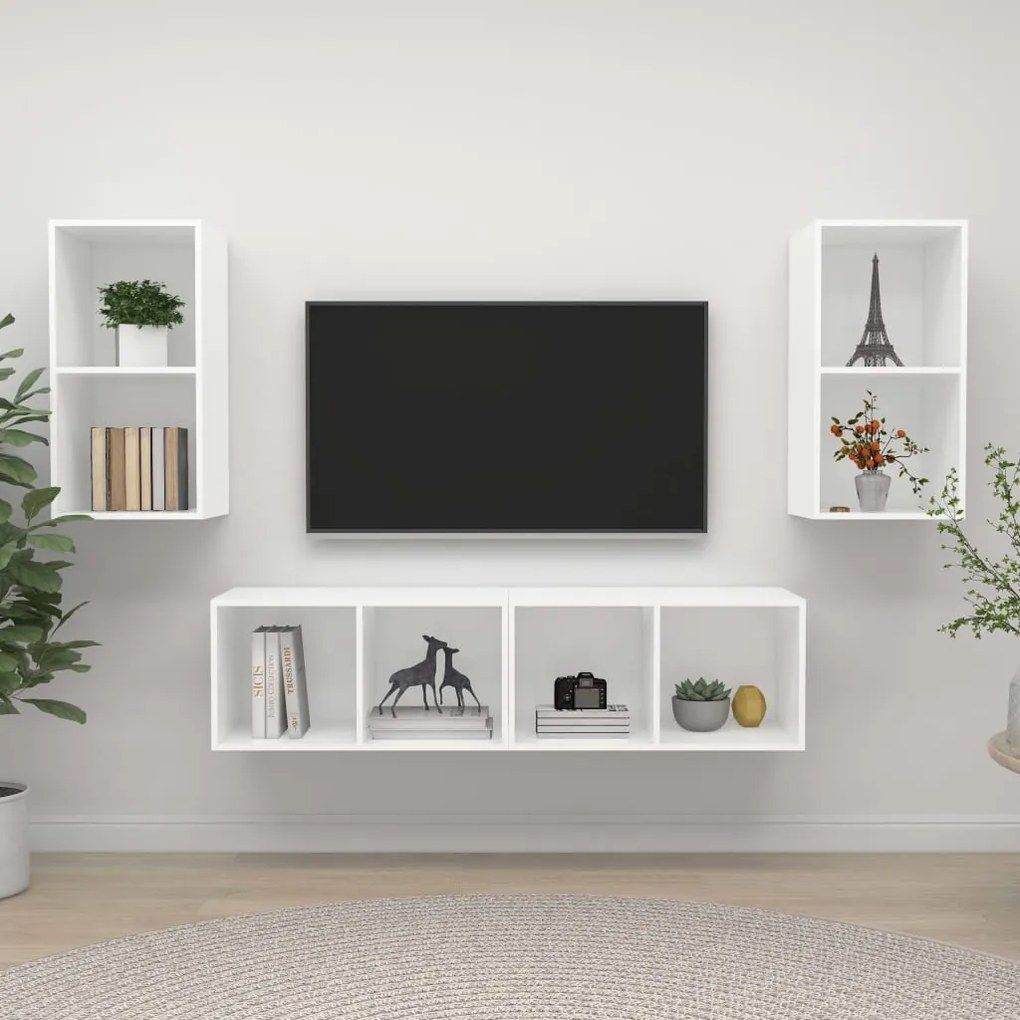 3079871 vidaXL ТВ шкафове за стенен монтаж, 4 бр, бели, инженерно дърво