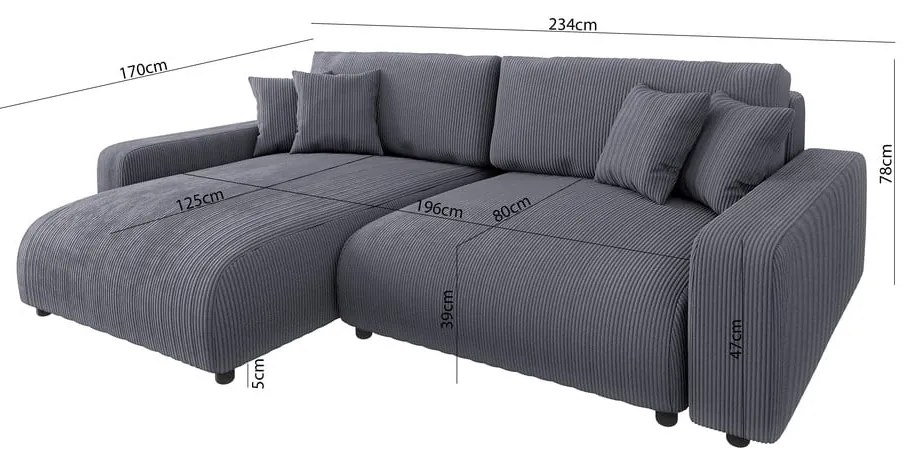Тъмносив разтегателен ъглов диван от рипсено кадифе (променлив) Sara – Ropez